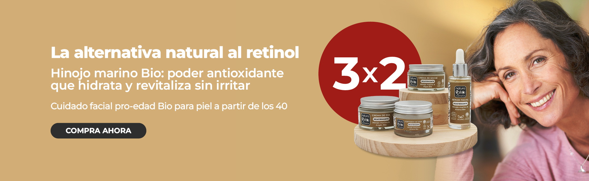 Imagen de madre e hija el primer d&iacute;a del cole con texto sobre fondo claro &quot;Vuelta al cole y a la oficina con NaturaBIO Cosmetics: cuida de ti y de tu familia con cosm&eacute;tica natural certificada&quot;. Incluye un bot&oacute;n con enlace con el texto &quot;Compra ahora&quot;